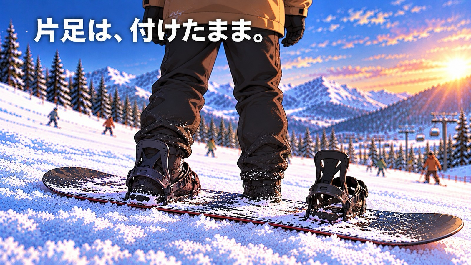 雪の上でスノーボードに立つ人の足元。片足はバインディングに固定され、もう片方の足は外して板の上に置かれている。板は動いていない。「片足は、付けたまま。」と書かれている。