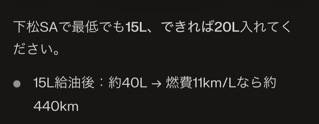 AIに給油量を相談した際の実際の回答画面。「下松SAで最低でも15L、できれば20L入れてください」という文面と、給油量ごとの残走行距離の目安、下松SAのガソリン価格比較、結論として下松SAで20L程度給油することを勧める文章が表示されている