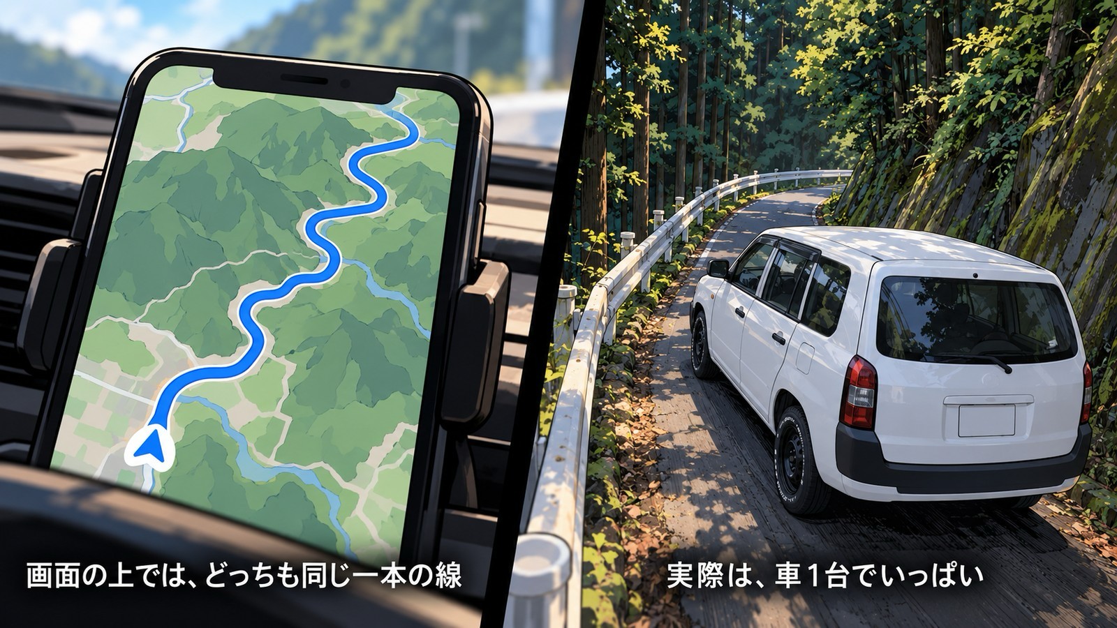 左はスマホのナビ画面で山の中を通る青いルートの線、右は同じ道の実際の様子。車1台分の幅しかない山道をプロボックスが走っている比較イラスト