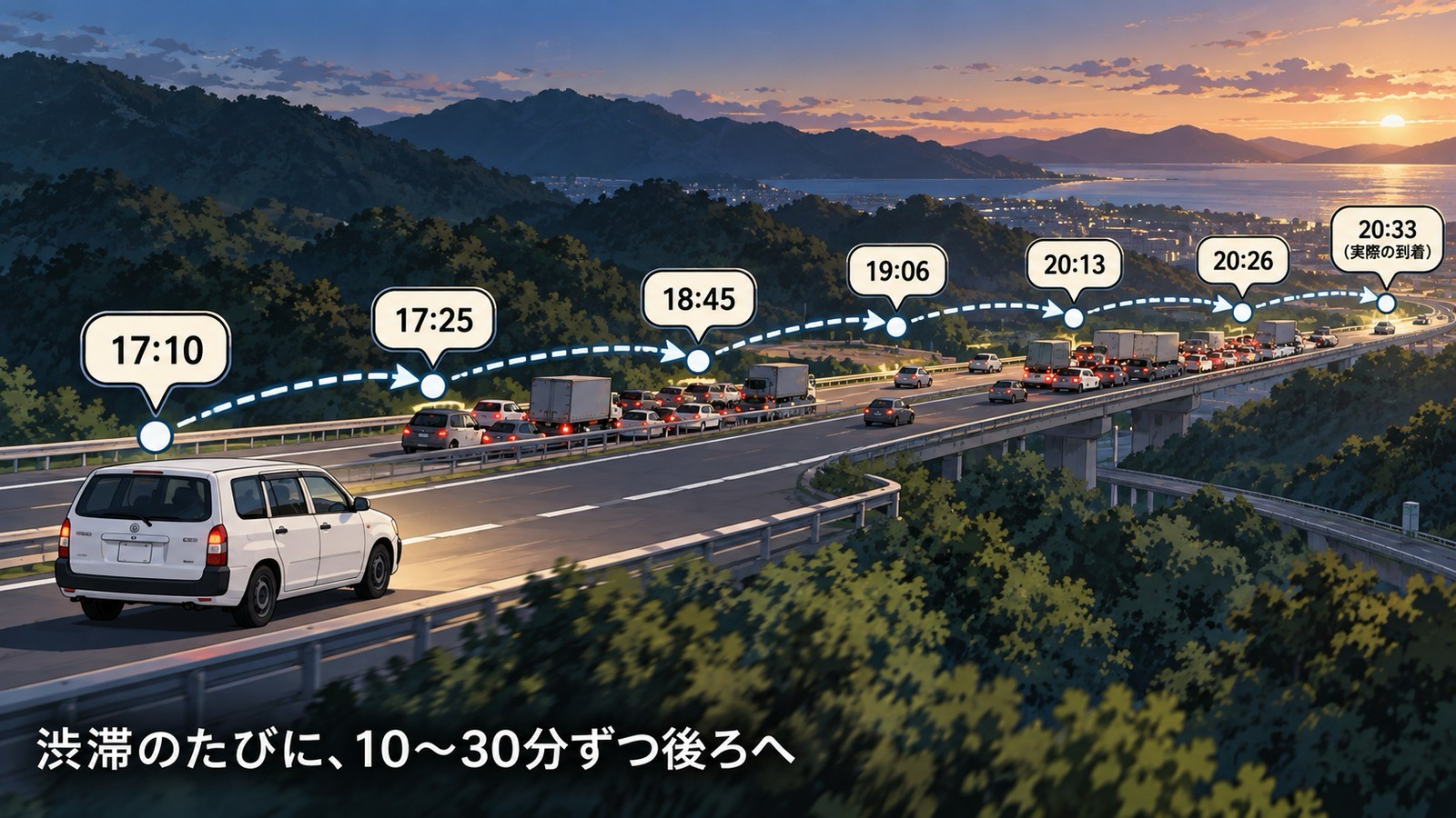 高速道路を進むプロボックスの上に、ナビの到着予定時刻の吹き出しが17:10、17:25、18:45、19:06、20:13、20:26、20:33(実際の到着)と渋滞のたびに後ろへずれていく様子を描いた図解