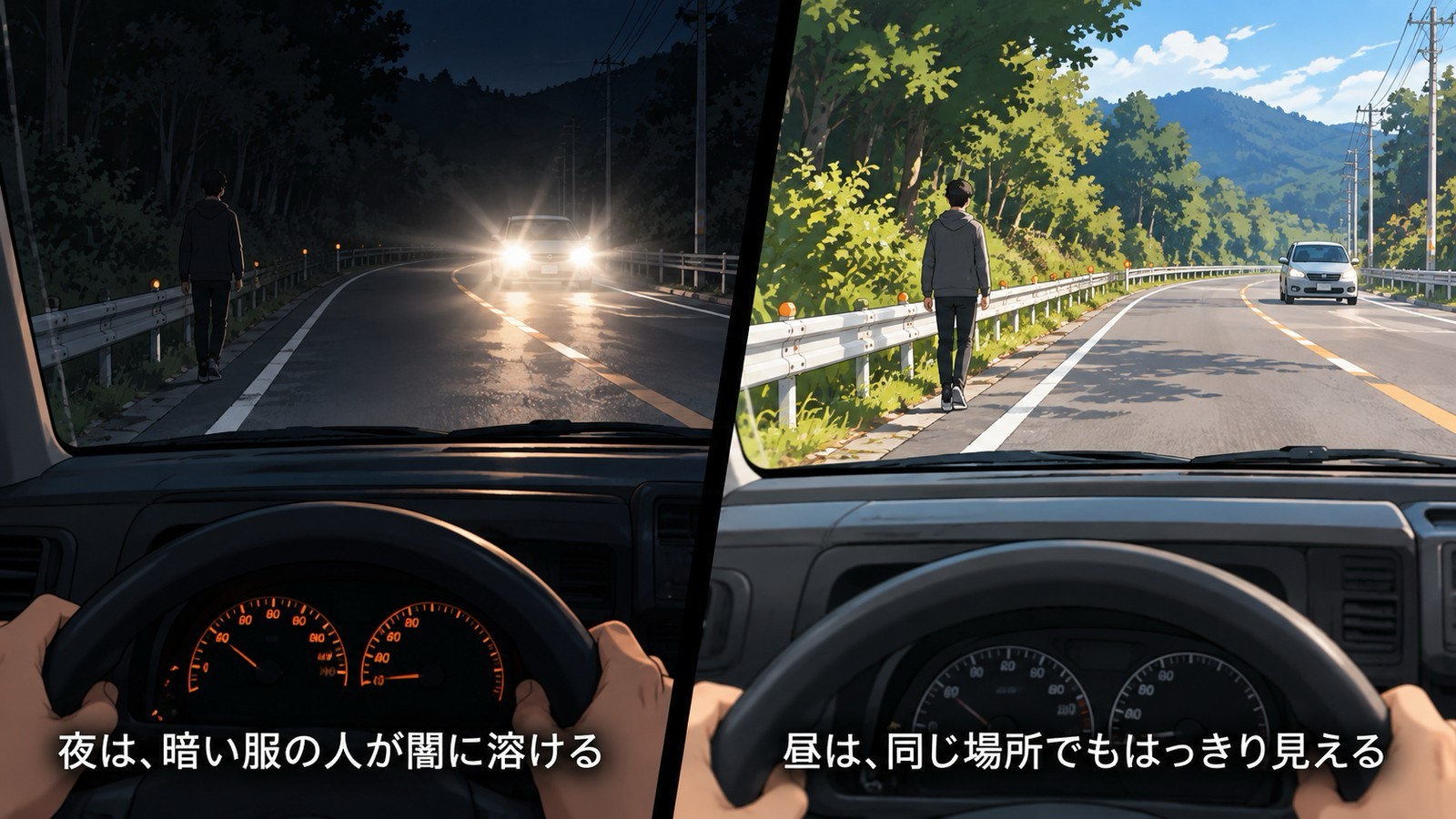 左は夜の運転席からの視界で、対向車のヘッドライトがまぶしく、路肩の暗い服の歩行者が闇に溶けて見えにくい。右は同じ場所の昼間で歩行者がはっきり見える比較イラスト
