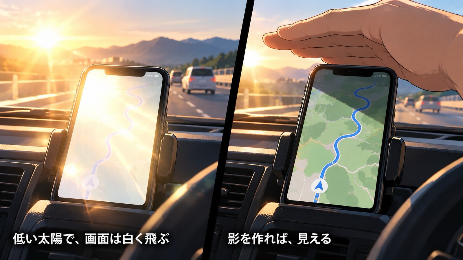 左は朝日の反射で白く飛んで地図が読めないダッシュボードのスマホ画面、右は手のひらで影を作ると青いルート線が見える比較イラスト