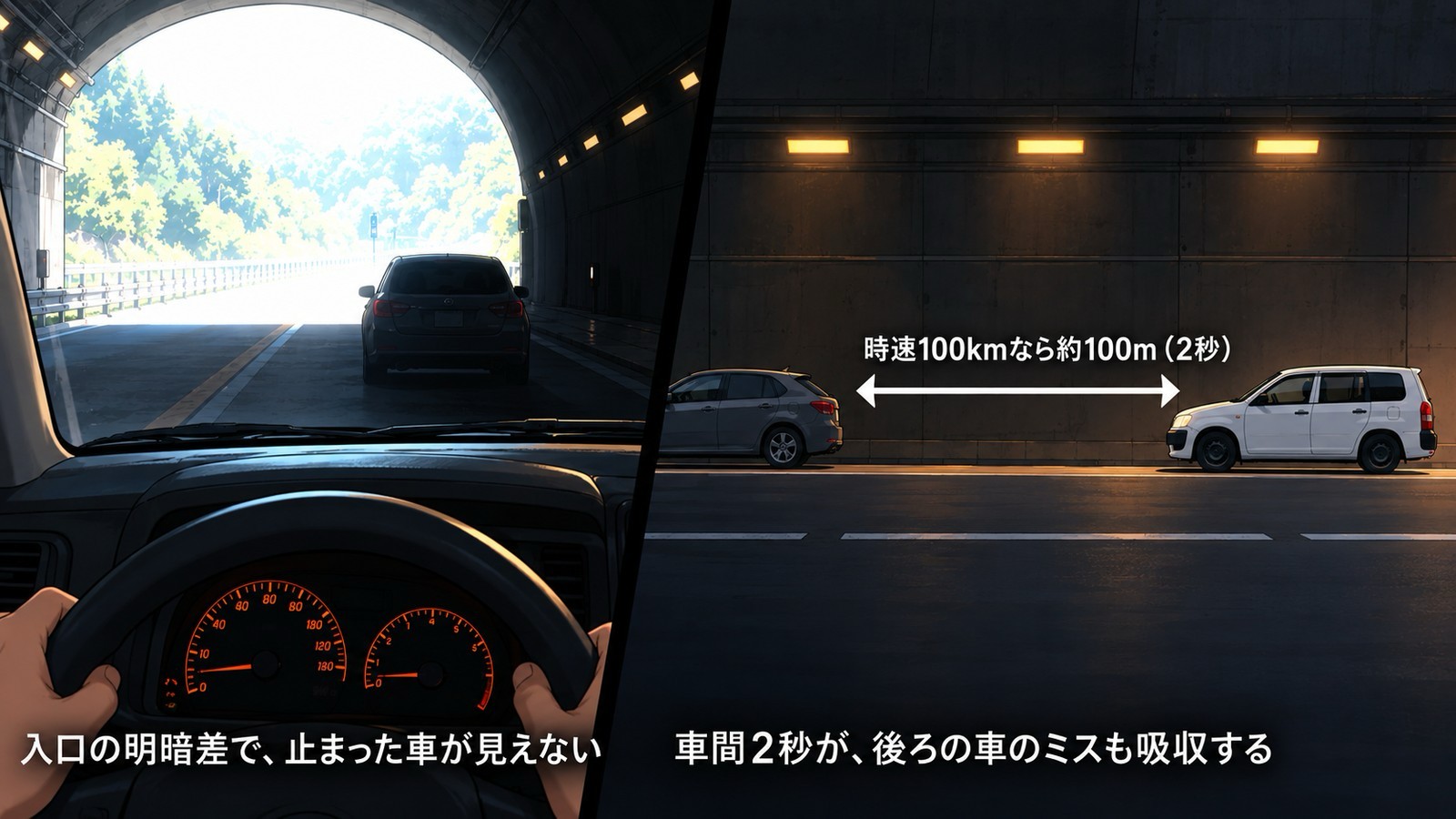 左はトンネル入口の明暗差で前方に止まった車が見えにくい運転席からの視界、右は停止車両とプロボックスの間に「時速100kmなら約100m(2秒)」の車間距離を示した横からの図解
