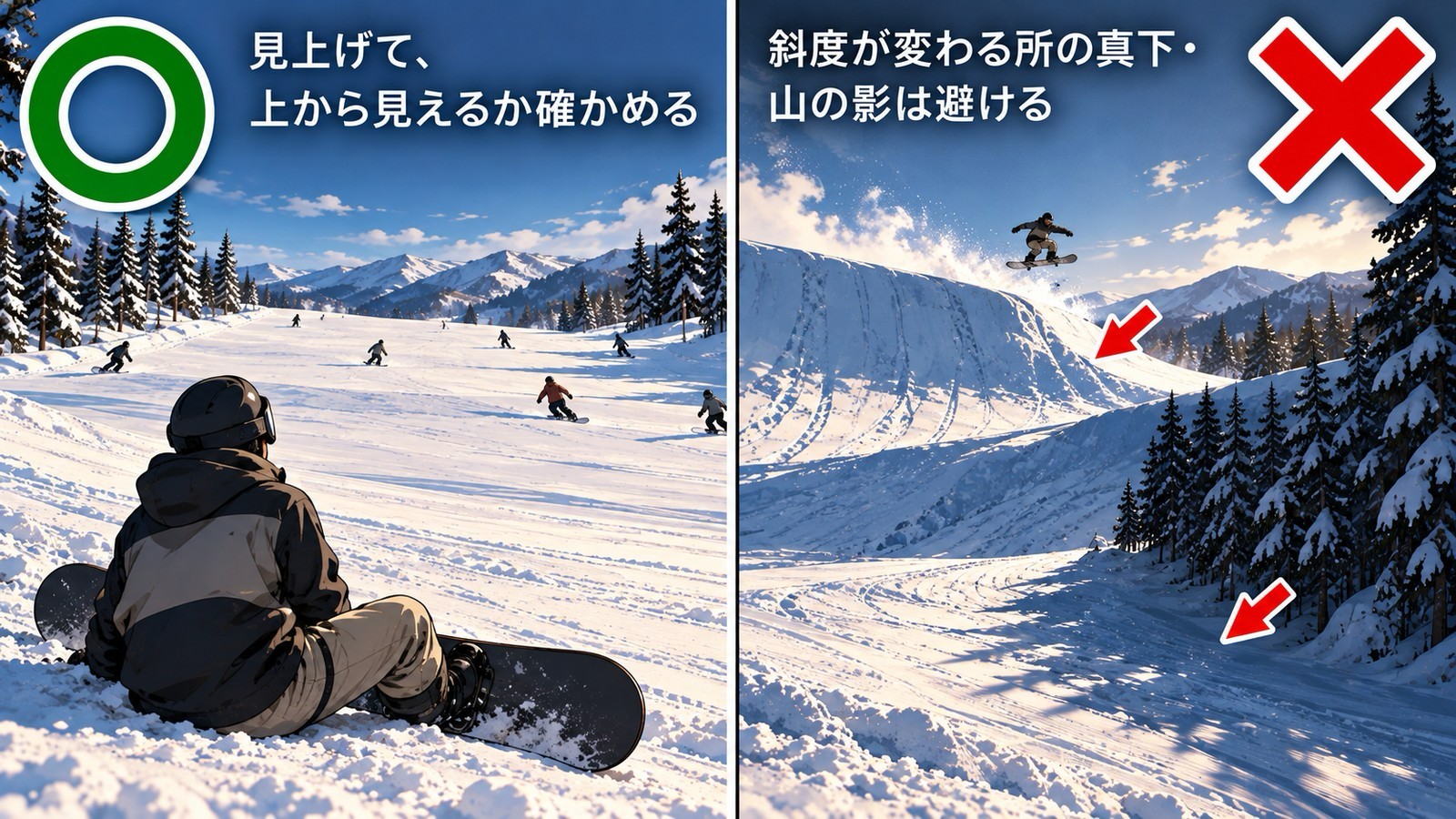 左は、座って斜面の上を見上げ、上から自分が見えるか確かめるスノーボーダー（◯「見上げて、上から見えるか確かめる」）。右は、ジャンプ台の着地斜面の真下と山の影を矢印で示し、避ける場所とした図（✕「斜度が変わる所の真下・山の影は避ける」）。