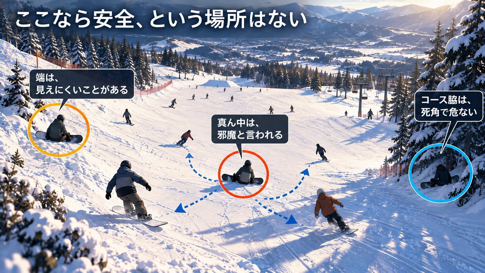 コースの端、真ん中、コース脇の木の近くで座って休むスノーボーダーを、少し高い位置から見た図。真ん中の人を避けて滑る人の進路が点線の矢印で示され、「端は、見えにくいことがある」「真ん中は、邪魔と言われる」「コース脇は、死角で危ない」と書かれている。