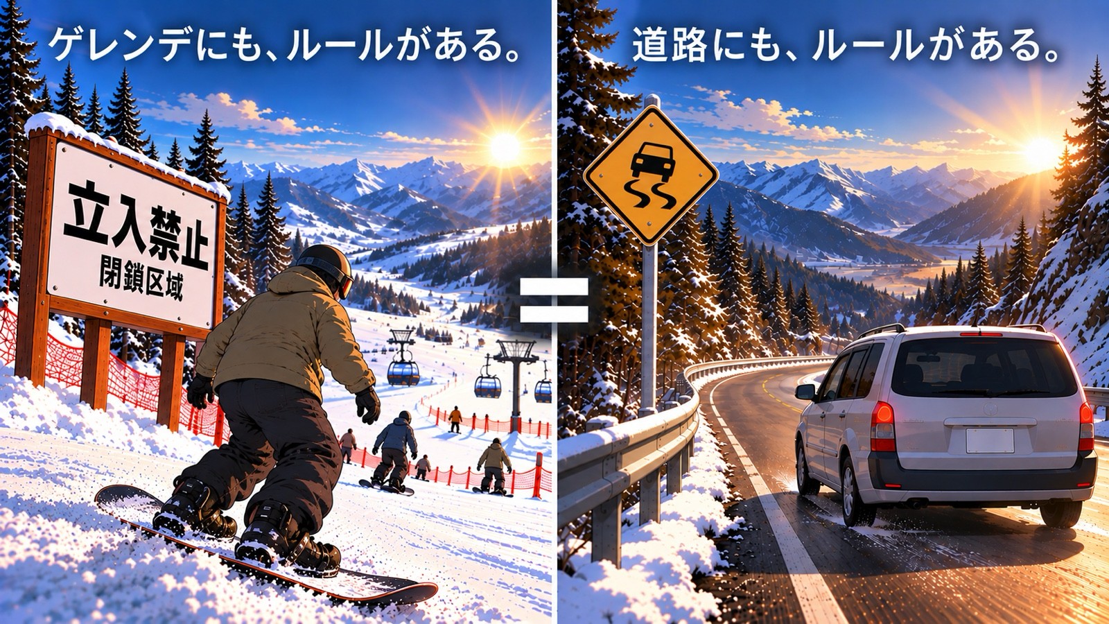 左は、立入禁止・閉鎖区域の看板の横を滑るスノーボーダーと、奥のゲレンデ。右は、すべりやすいを示す黄色いひし形の道路標識と、雪の道路を走る車。上に「ゲレンデにも、ルールがある。」「道路にも、ルールがある。」と書かれている。