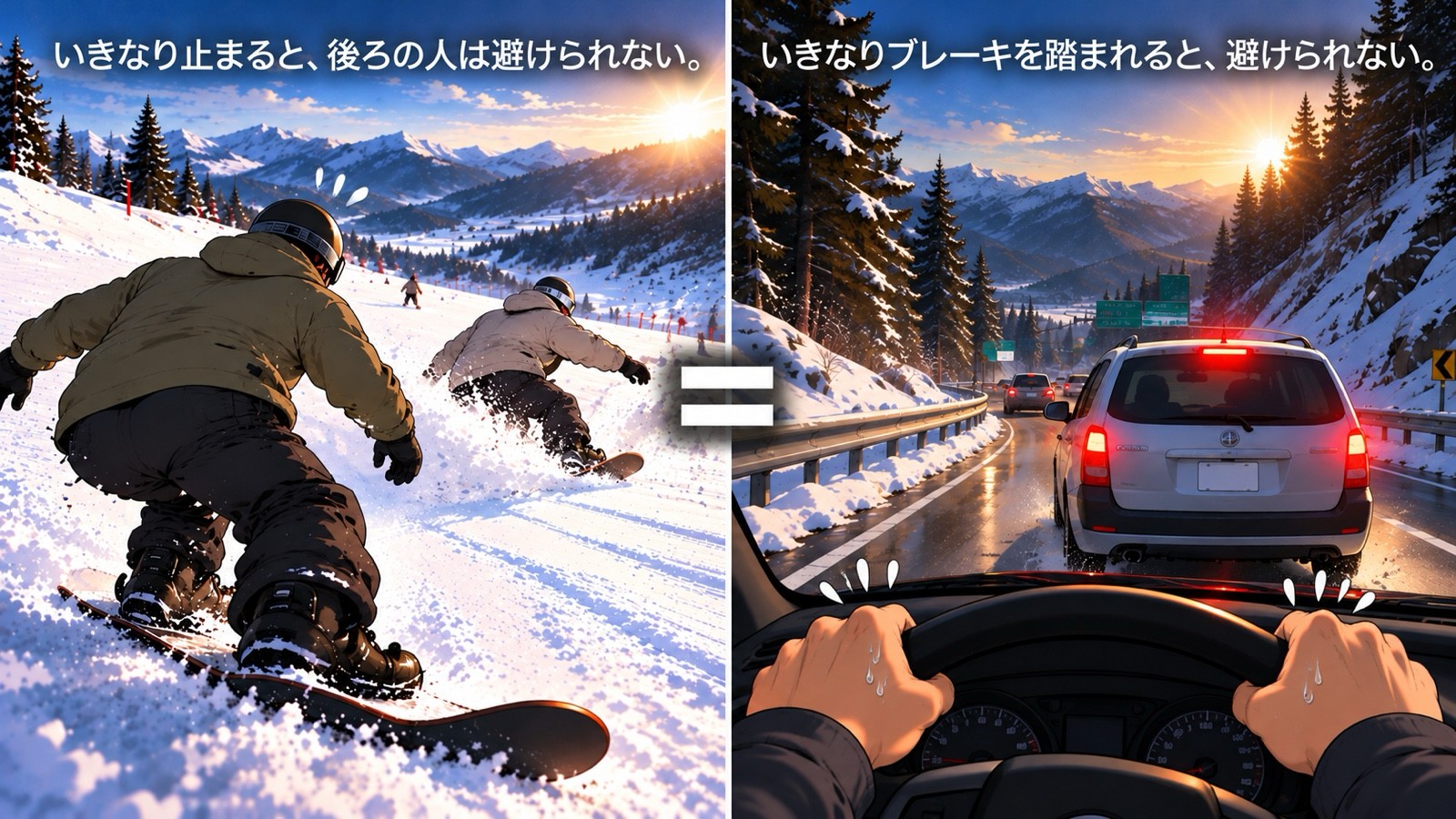 左は、前の人が急に止まり、後ろを滑る人が驚いて両腕を広げて避けようとするゲレンデの場面。右は、前の車のブレーキランプが急に点き、運転席の視点でハンドルを強く握る両手が見える道路の場面。上に「いきなり止まると、後ろの人は避けられない。」「いきなりブレーキを踏まれると、避けられない。」と書かれている。