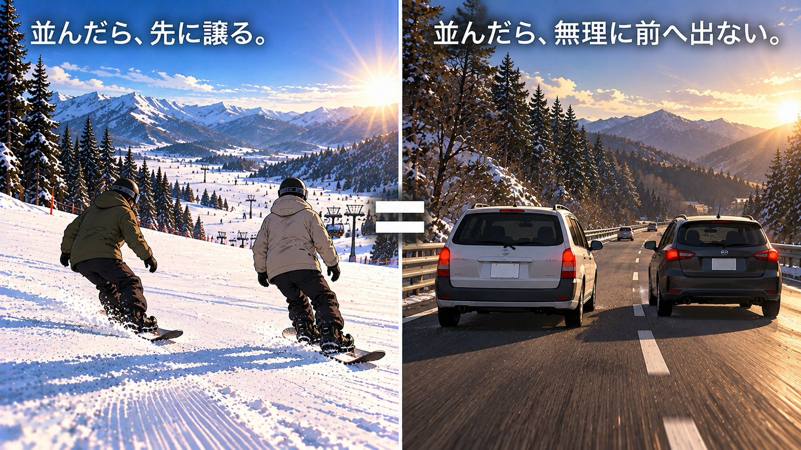 左は、2人のスノーボーダーが横に並んで滑っている場面。右は、道路で2台の車が横に並んで走っている場面