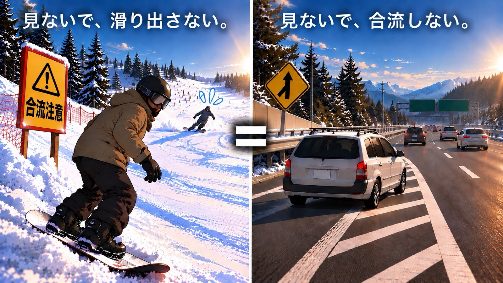 左は、「合流注意」の黄色い看板の横から滑り出そうとするスノーボーダーと、驚いた様子で先を滑る人。右は、合流を示す黄色いひし形の道路標識の下で、高速道路の合流車線から本線に合流しようとする車。上に「見ないで、滑り出さない。」「見ないで、合流しない。」と書かれている。