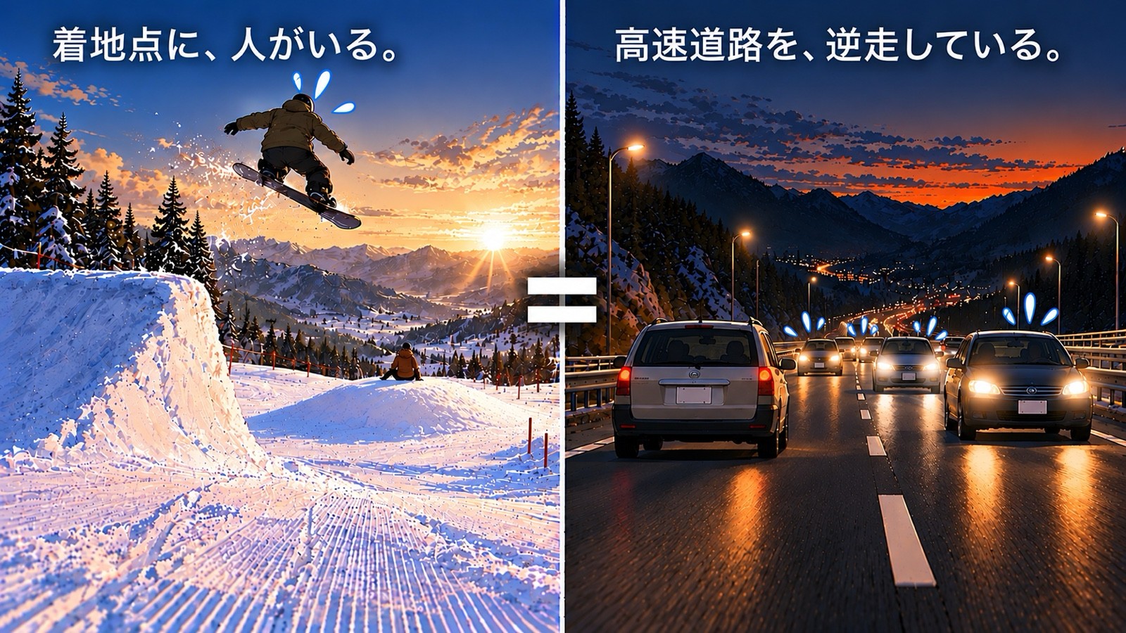 左は、ジャンプ台から飛んだスノーボーダーが、着地点に座っている人を見つけて驚いている場面。右は、夜の高速道路で、逆走してくる車のライトに前の車の運転者たちが驚いている場面。上に「着地点に、人がいる。」「高速道路を、逆走している。」と書かれている。