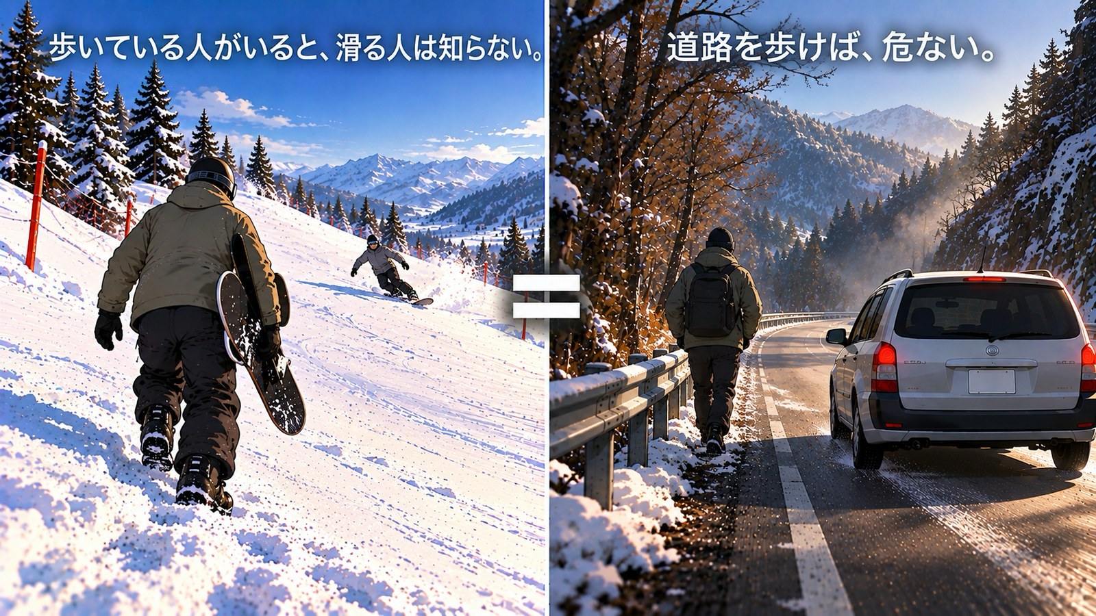 左は、板を抱えてコースを歩いて登る人と、斜面の上から滑ってくるスノーボーダー。右は、道路を歩く人と、後ろから近づく車