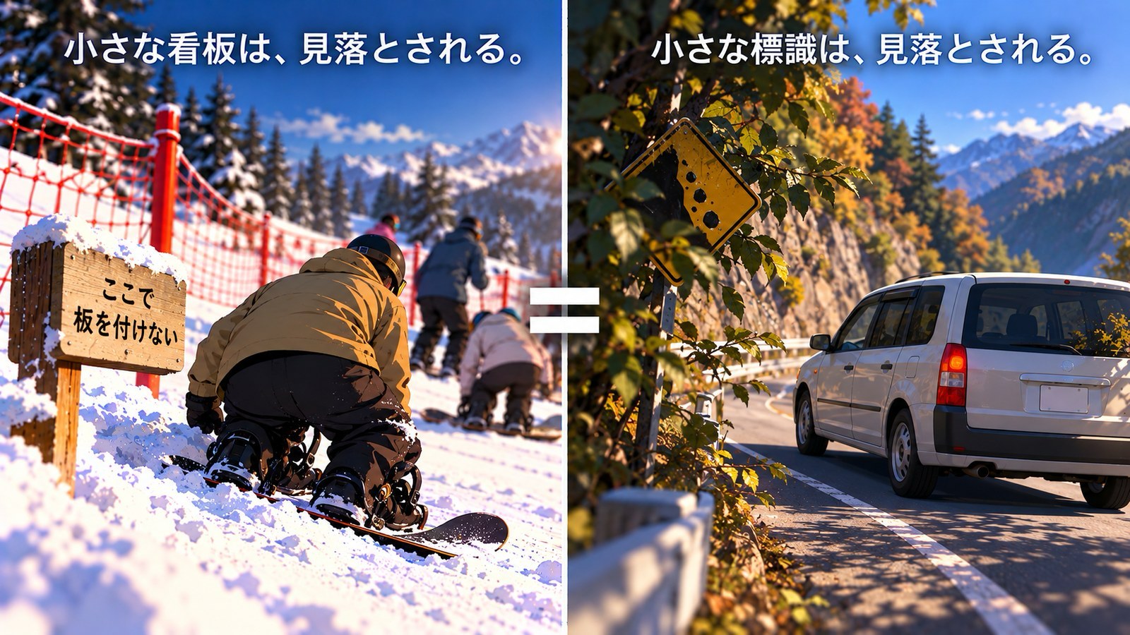 左は、コース脇の木の看板「ここで板を付けない」の前で、気づかずにスノーボードを装着する人たちと、奥の赤い網。右は、木の葉に半分隠れた小さな黄色い道路標識の横を、車が通り過ぎる場面