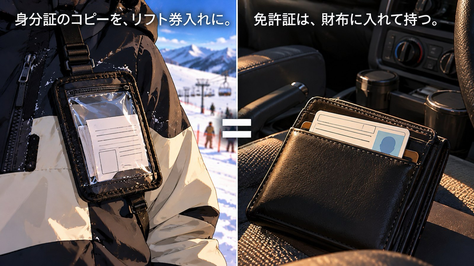 左は、スノーボードウェアの胸元のリフト券入れに、身分証のコピーが入っているクローズアップ。右は、車内に置かれた財布から免許証が少しのぞいているクローズアップ