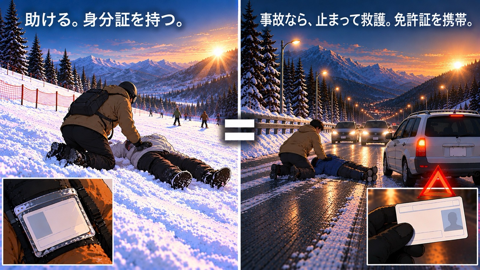 左は、コースの脇で倒れている人を別のスノーボーダーが助ける場面と、リフト券入れに入った身分証のコピー。右は、道路で倒れている人を車を降りた運転者が助ける場面と、運転免許証のカード。上に「助ける。身分証を持つ。」「事故なら、止まって救護。免許証を携帯。」と書かれている。