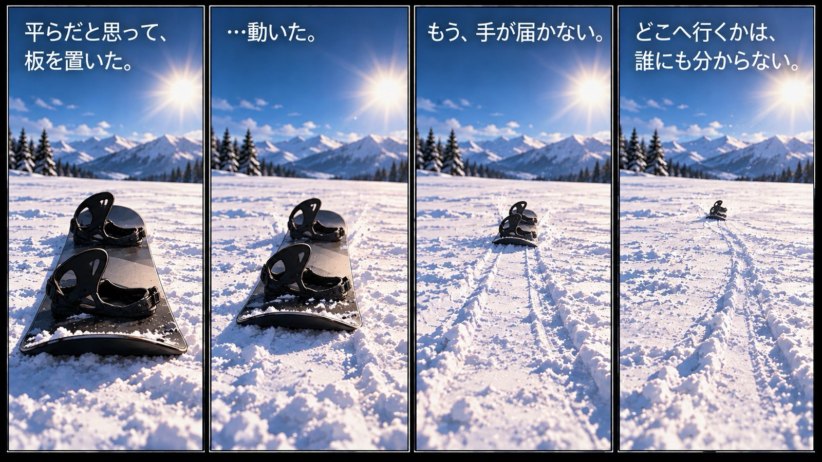 平らに見える雪面に置かれたスノボの板が、4コマで少しずつ動き出し、やがて遠くまで滑っていく様子