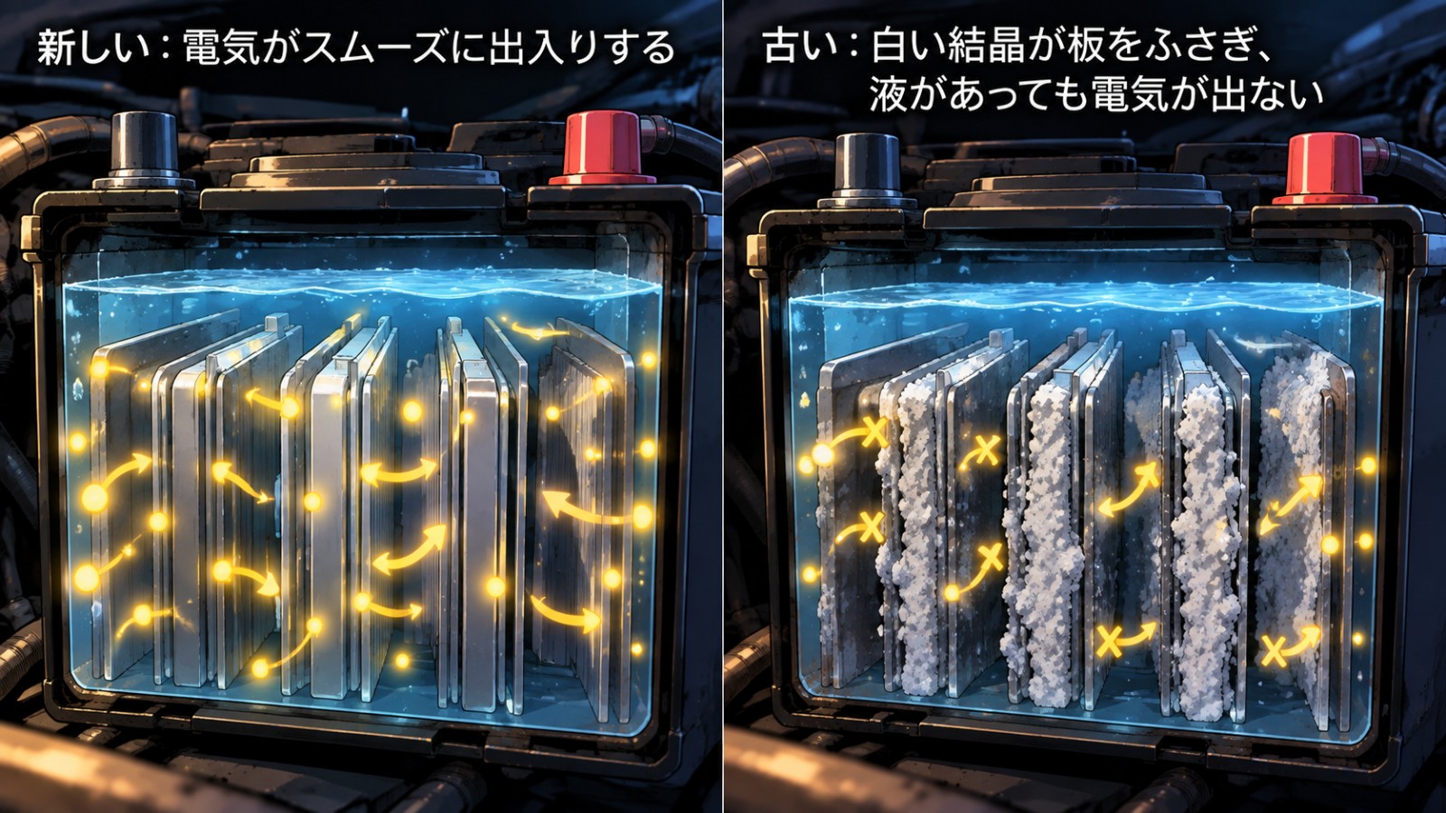 車のバッテリーを切り開いた断面図。左は新しいバッテリーで、板の表面がきれいで電気が行き来している。右は古いバッテリーで、板が白い結晶に覆われ、液は満タンなのに電気が通れない。左上の文字は「新しい:電気がスムーズに出入りする」、右上の文字は「古い:白い結晶が板をふさぎ、液があっても電気が出ない」