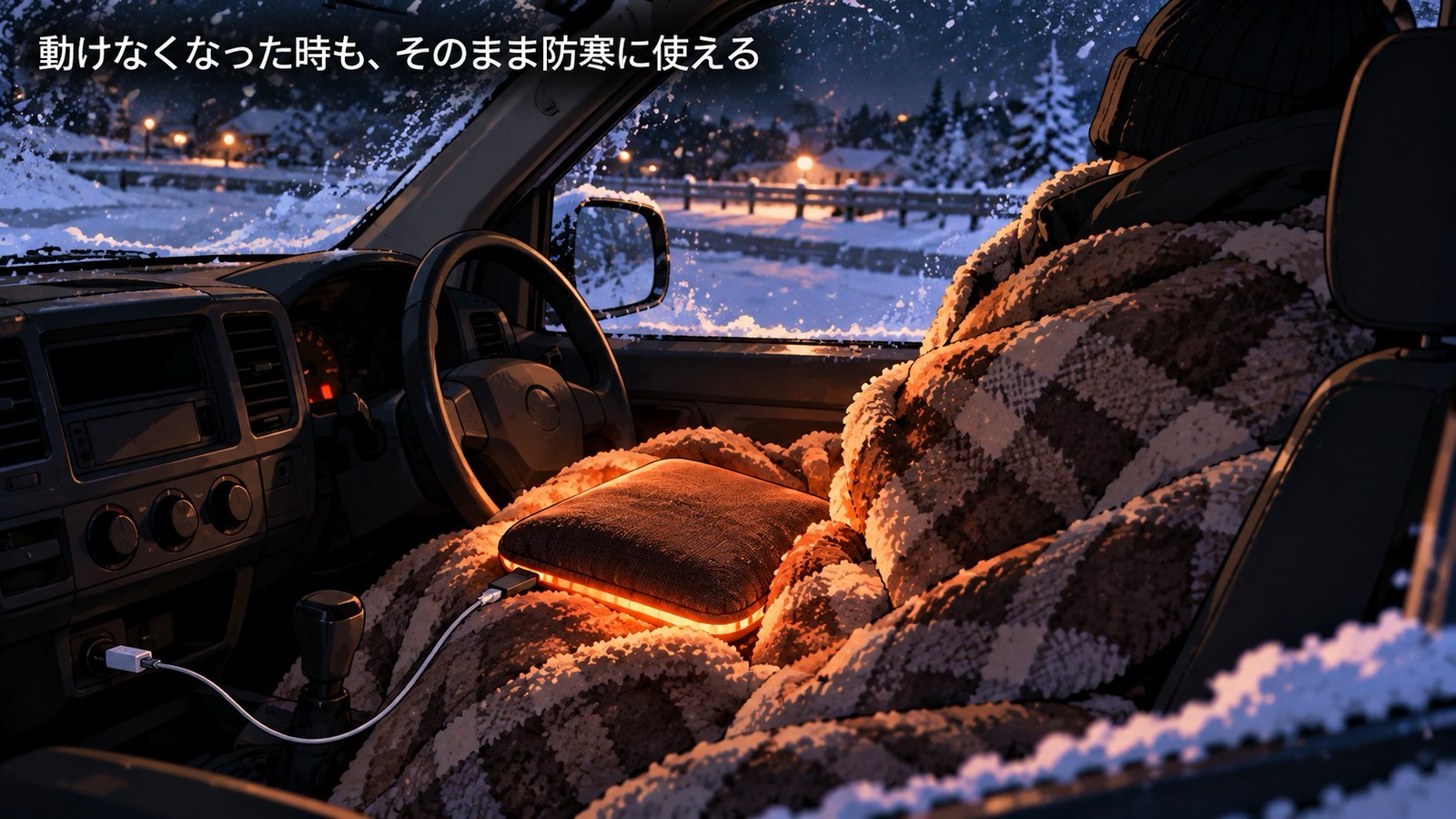 雪の夜の車内で、毛布にくるまった人の膝の上で、USB電源につないだクッション形の暖房器具がオレンジ色に光っている。「動けなくなった時も、そのまま防寒に使える」の文字