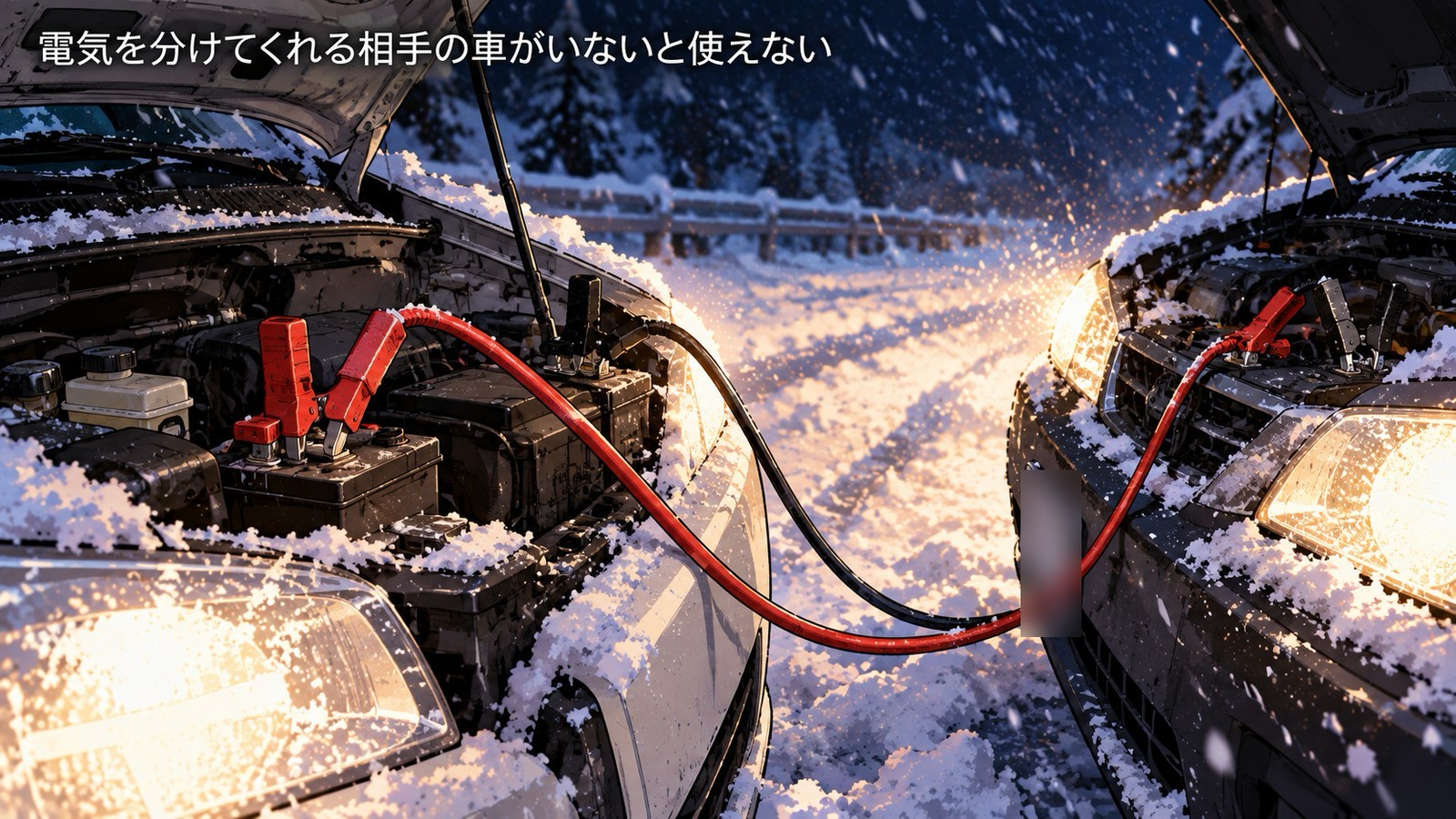 雪の夜、2台の車がボンネットを開けて向かい合い、赤と黒のブースターケーブルでバッテリーどうしをつないでいる場面。電気を分けてくれる相手の車がいないと使えない、という白い文字入り