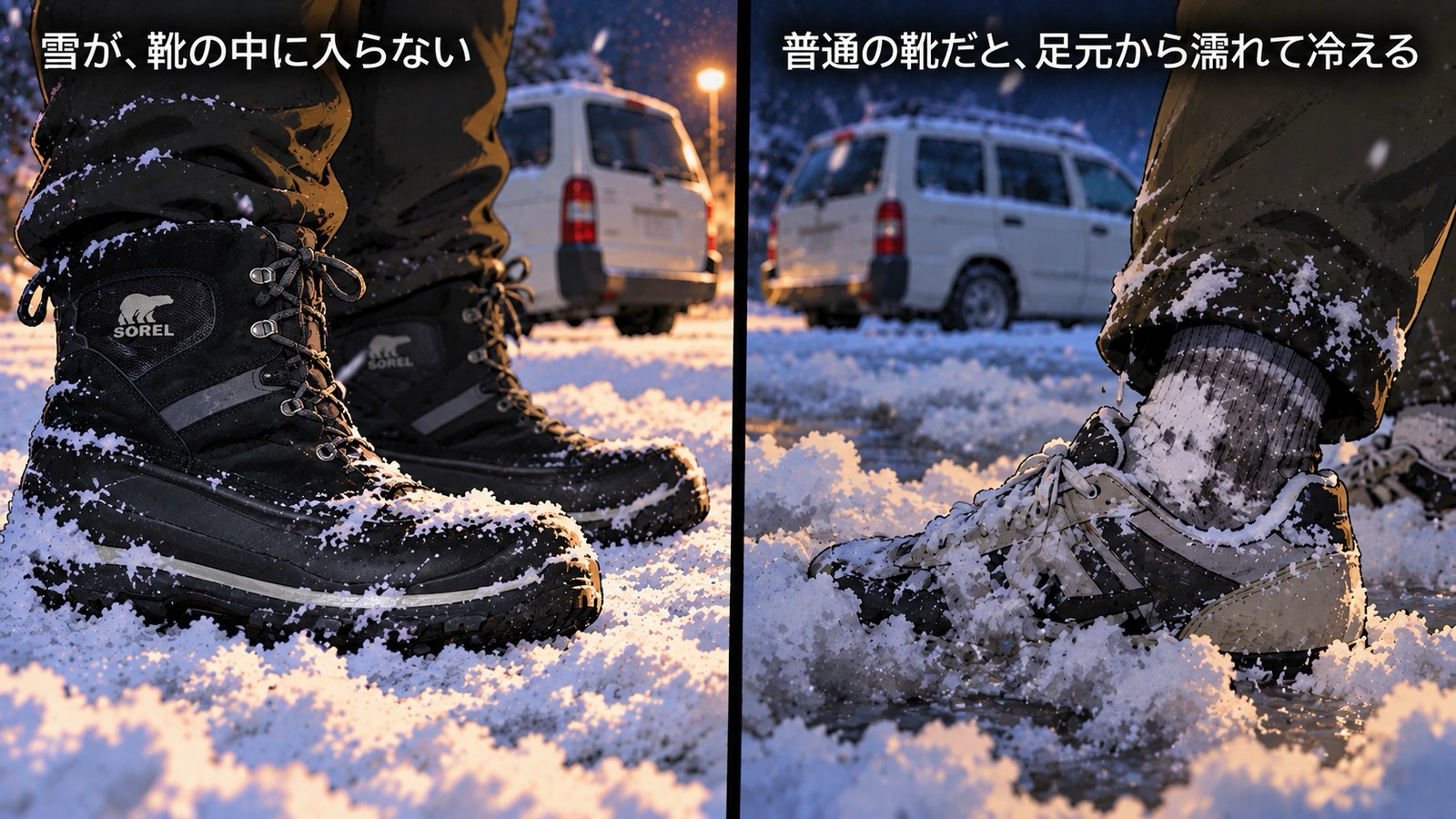 左はスノーブーツをはいた足元で、雪が靴の中に入らない。右は普通のスニーカーで、靴下まで雪で濡れて冷える