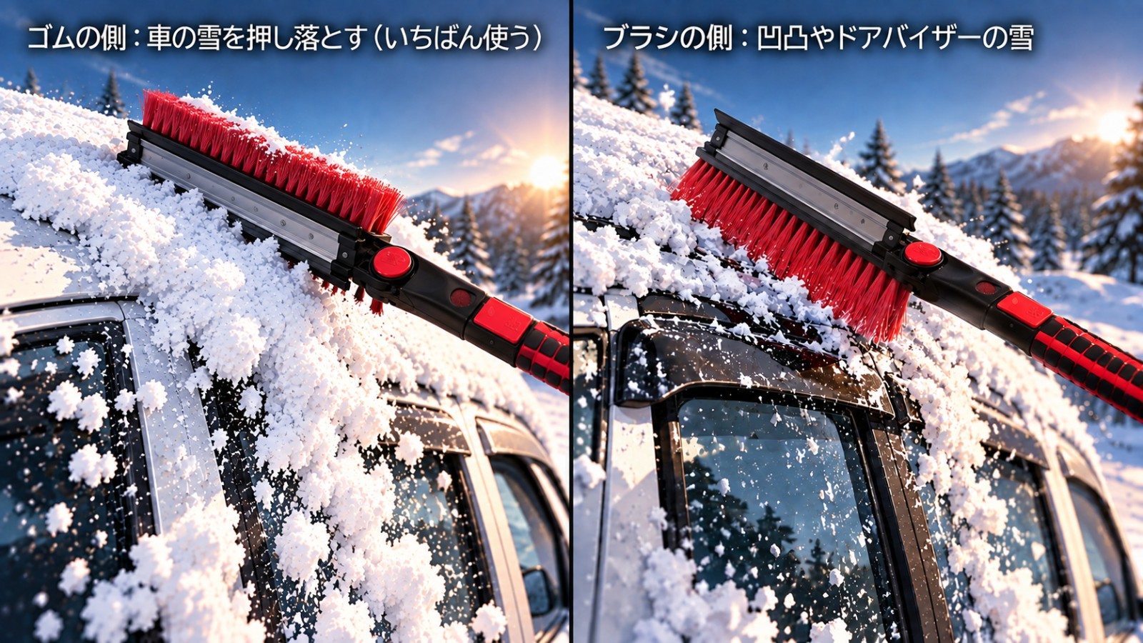 赤いスノーブラシで車の雪を落とす様子を左右2コマで見せた図。左はゴムのような平らな縁の側で車の屋根の雪を押し落としている。右はブラシの毛の側で、窓の上の雨よけ(ドアバイザー)の凹凸の雪を落としている。左の文字は「ゴムの側:車の雪を押し落とす(いちばん使う)」、右の文字は「ブラシの側:凹凸やドアバイザーの雪」