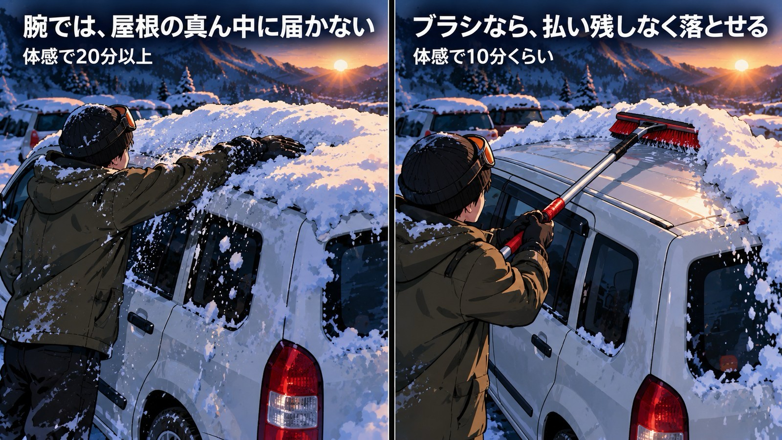 左は腕で屋根の雪を払う人で、屋根の真ん中に手が届かない(体感で20分以上)。右は長い柄の赤いスノーブラシで屋根の雪を残さず落とす人(体感で10分くらい)