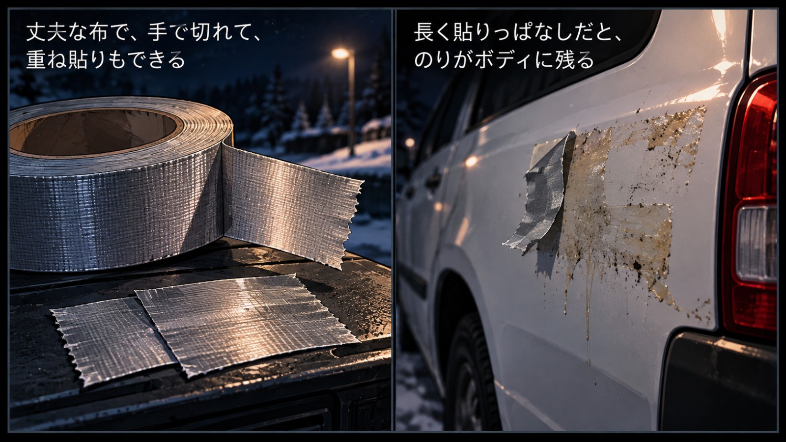 布テープの長所と短所を左右2コマで比べた図。左は布の織り目がある丈夫そうなテープのロールと、2枚重ねて貼ったテープ。右は白い車のボディに、剥がしたテープの跡として黄ばんだのりとほこりが残っている。左の文字は「丈夫な布で、手で切れて、重ね貼りもできる」、右の文字は「長く貼りっぱなしだと、のりがボディに残る」
