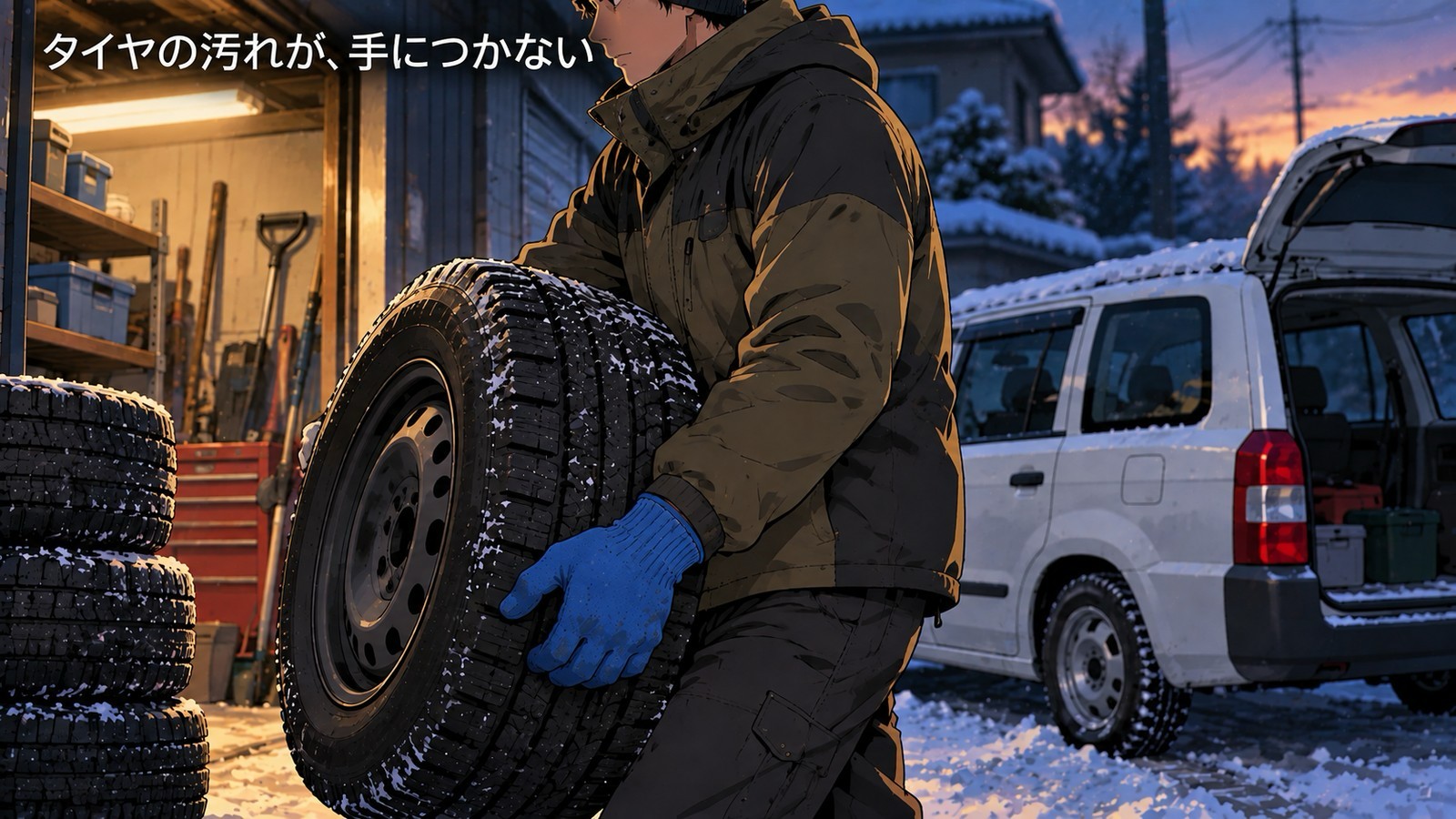 青い軍手をはめた人が、冬用タイヤを両手で運んでいる。後ろに雪の積もった車。「タイヤの汚れが、手につかない」の文字