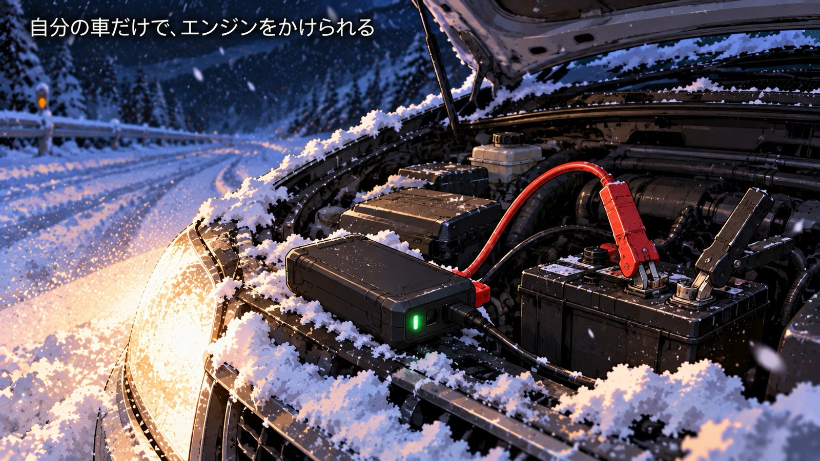 雪の夜、1台だけのプロボックスのバッテリー端子に、黒い小さな箱のジャンプスターターのケーブルをつないでいる場面。自分の車だけで、エンジンをかけられる、という白い文字入り