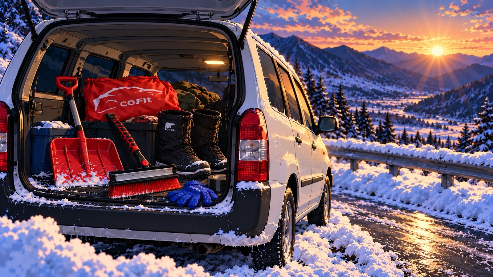 雪の朝、後ろのドアを開けた車の荷室に、赤いスコップ、COFitの赤い袋と赤いスノーブラシ、ブーツ、青い軍手、布テープが積んである。奥には朝日と雪山