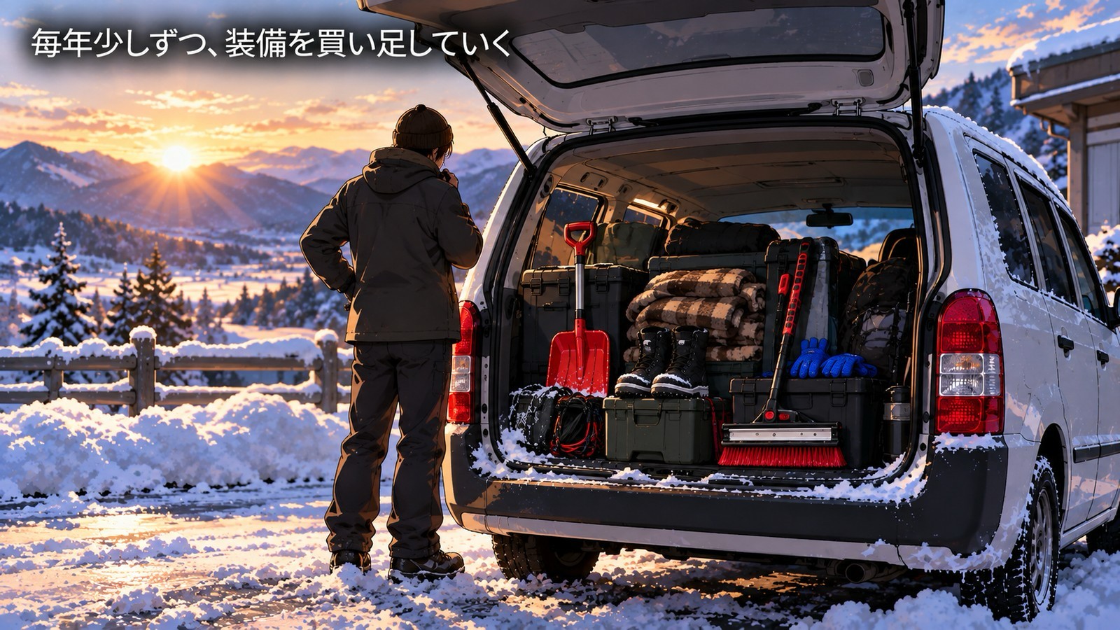 雪の朝、後ろのドアを開けた車の荷室の前で、人が積んである装備(赤いスコップとスノーブラシ、ブーツ、毛布、軍手)を見て立っている後ろ姿。「毎年少しずつ、装備を買い足していく」の文字