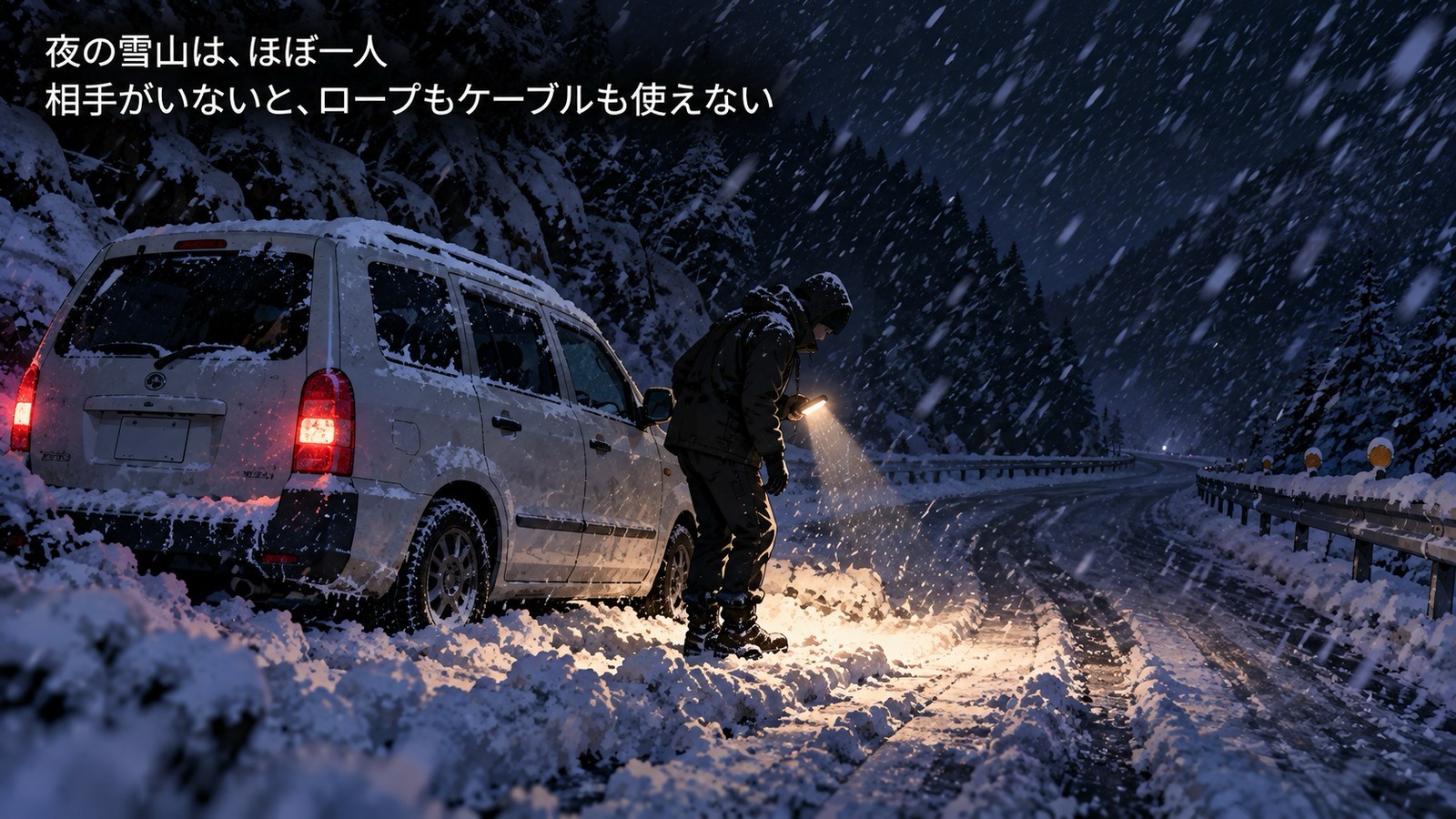 吹雪の夜の山道で、雪に埋まった車の横で、一人の人がライトで足元を照らして立っている。「夜の雪山は、ほぼ一人。相手がいないと、ロープもケーブルも使えない」の文字