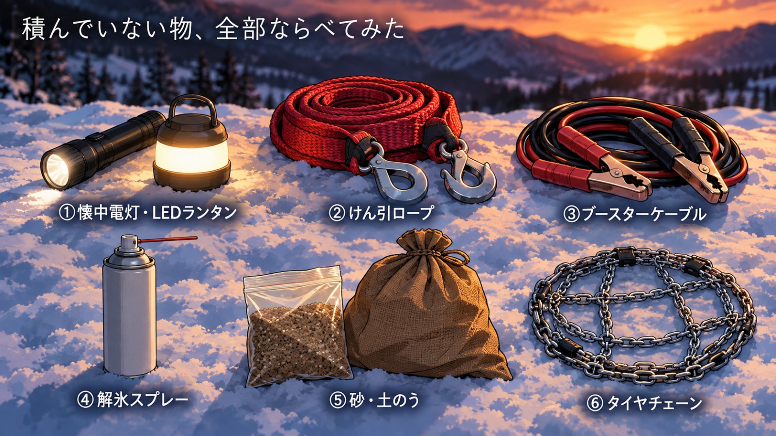 夕暮れの雪の上に、積んでいない物6つが並んでいる図。①懐中電灯とLEDランタン、②赤いけん引ロープ、③赤と黒のブースターケーブル、④解氷スプレー、⑤砂の袋と土のう、⑥タイヤチェーン。上の文字は「積んでいない物、全部ならべてみた」