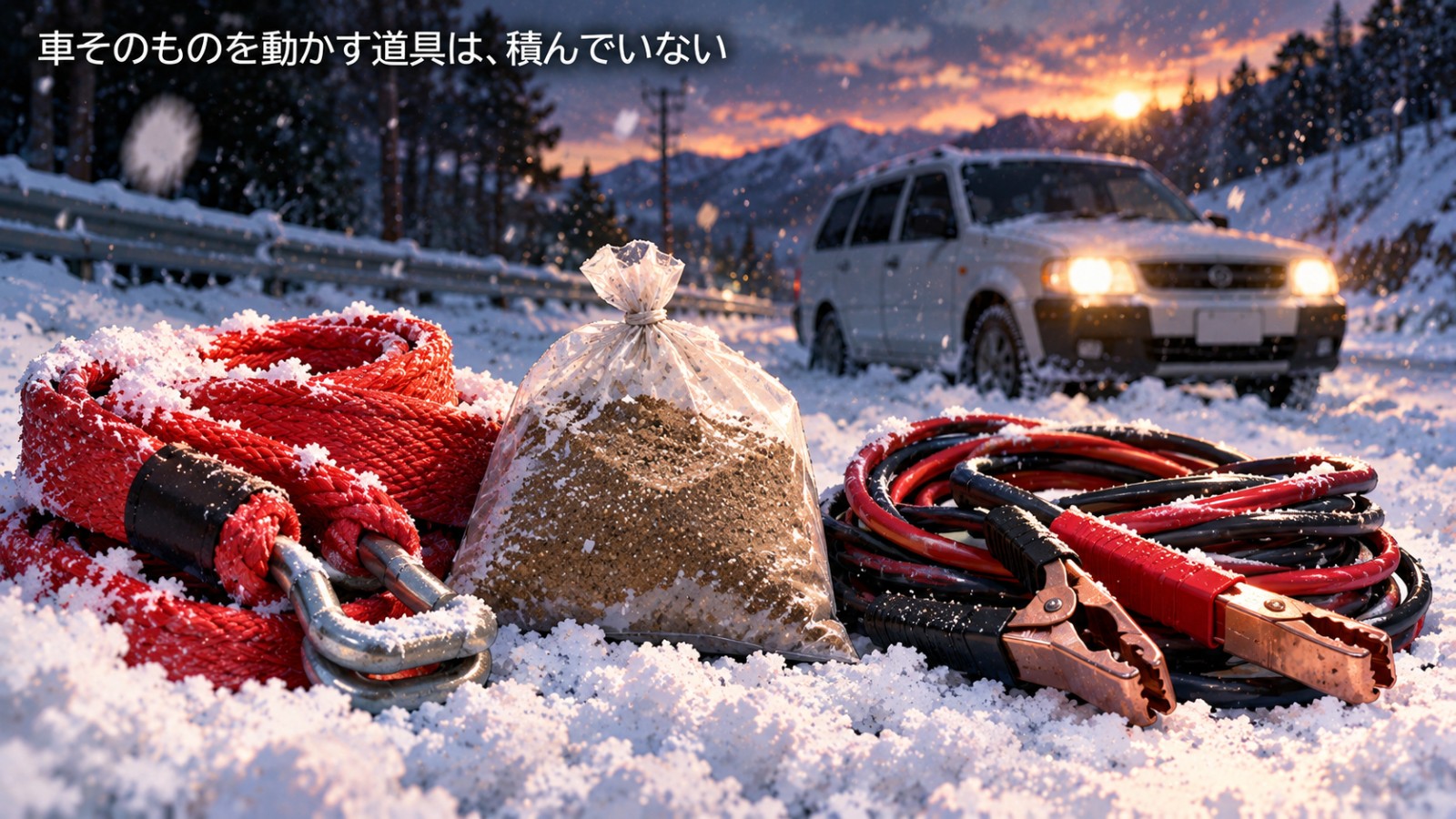 夕暮れの雪道の雪の上に、赤いけん引ロープの束、砂の入った袋、赤と黒のブースターケーブルの束が並んでいる。奥には雪で止まった白い車がヘッドライトを点けている。左上の文字は「車そのものを動かす道具は、積んでいない」