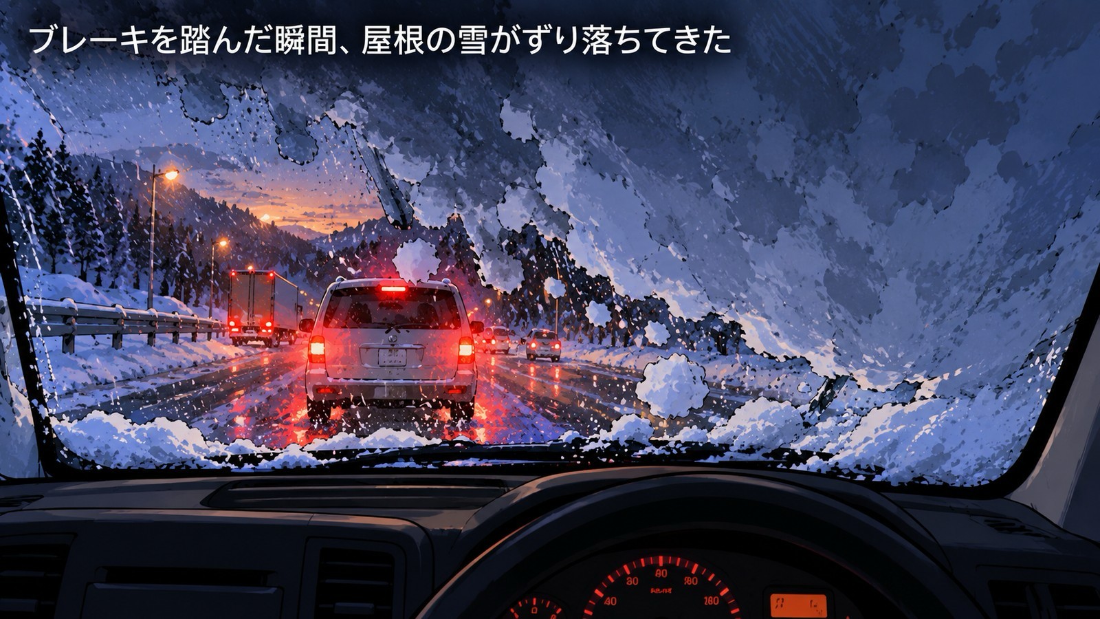 運転席から見たフロントガラス。ブレーキを踏んだ瞬間に、屋根に積もっていた雪の塊がずり落ちてきて、視界の大半をふさいでいる