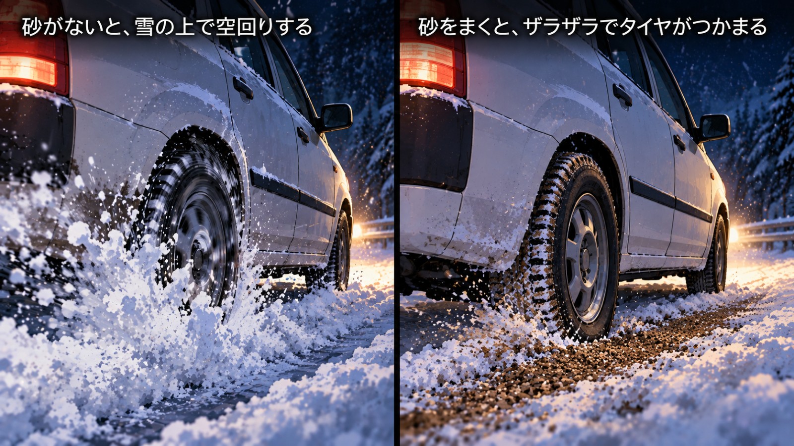 雪道で止まった車の後輪を左右2コマで比べた図。左は砂がなく、タイヤが雪の上で空回りして雪が飛び散っている。右は雪の上に茶色い砂がまかれ、タイヤが砂をつかんでいる。左の文字は「砂がないと、雪の上で空回りする」、右の文字は「砂をまくと、ザラザラでタイヤがつかまる」