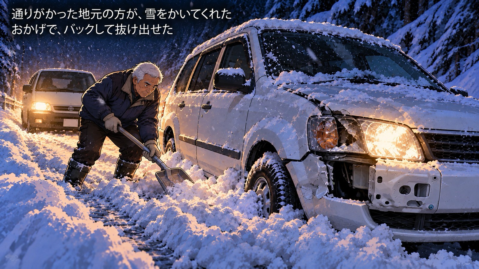 車の前部が壊れ、前輪を雪に取られた白い車のまわりの雪を、通りがかった地元の男性が金属のスコップでかいている夜の山道。割れたヘッドライトとへこんだバンパーが見える。「通りがかった地元の方が、雪をかいてくれた。おかげで、バックして抜け出せた」の文字