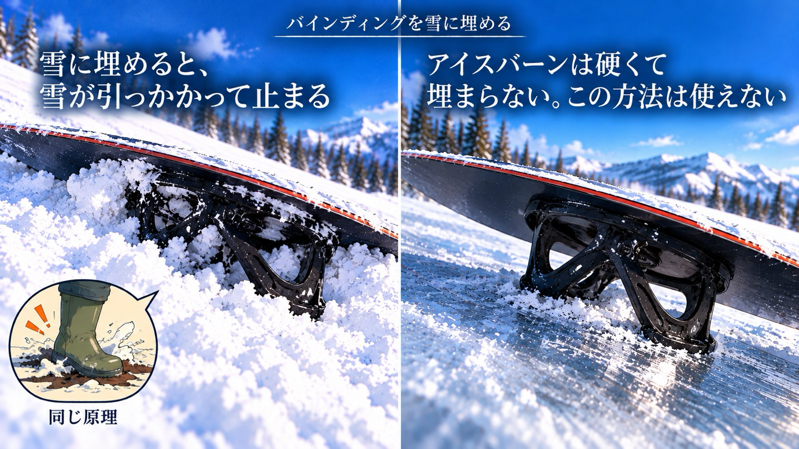 板をひっくり返し、バインディングを雪に埋める比較。左はふかふかの雪で雪が引っかかって止まる様子、右は硬いアイスバーンで埋まらない様子