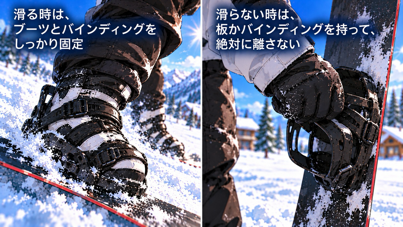 左は、滑る時の足元。ブーツがバインディングにしっかり固定されている（「滑る時は、ブーツとバインディングをしっかり固定」）。右は、滑らない時。手袋の手が板のバインディングをしっかり握っている（「滑らない時は、板かバインディングを持って、絶対に離さない」）