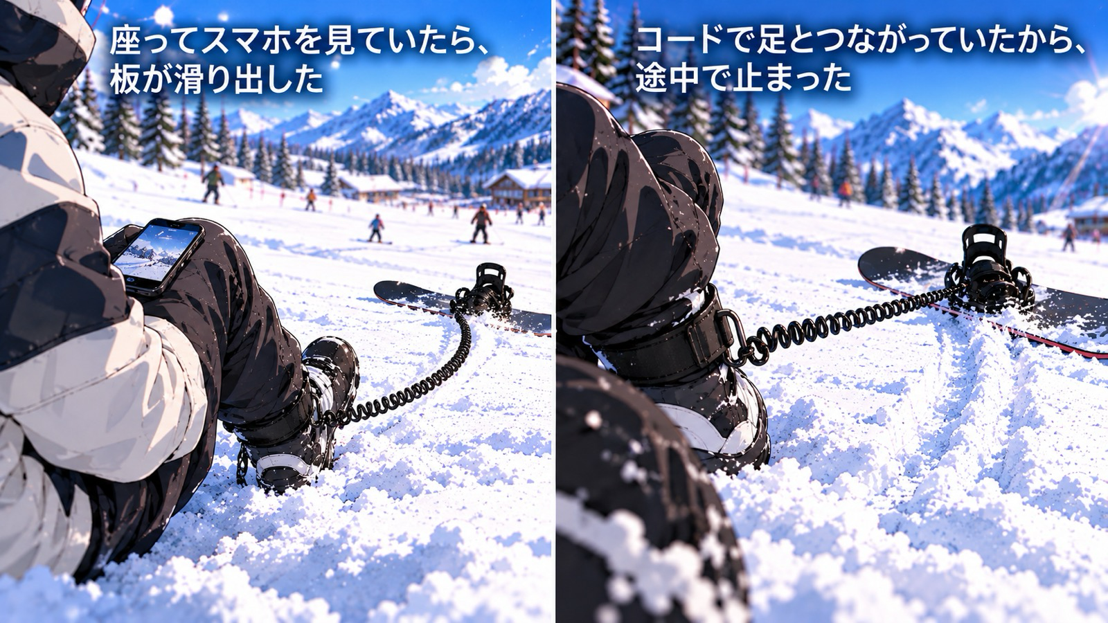 左は、座ってスマホを見ている人の足元で、バインディングにコイル状のコードがついた板が斜面の下へ滑り出す様子。右は、コードが前足のベルトと板のバインディングの間でぴんと張り、板が途中で止まった様子