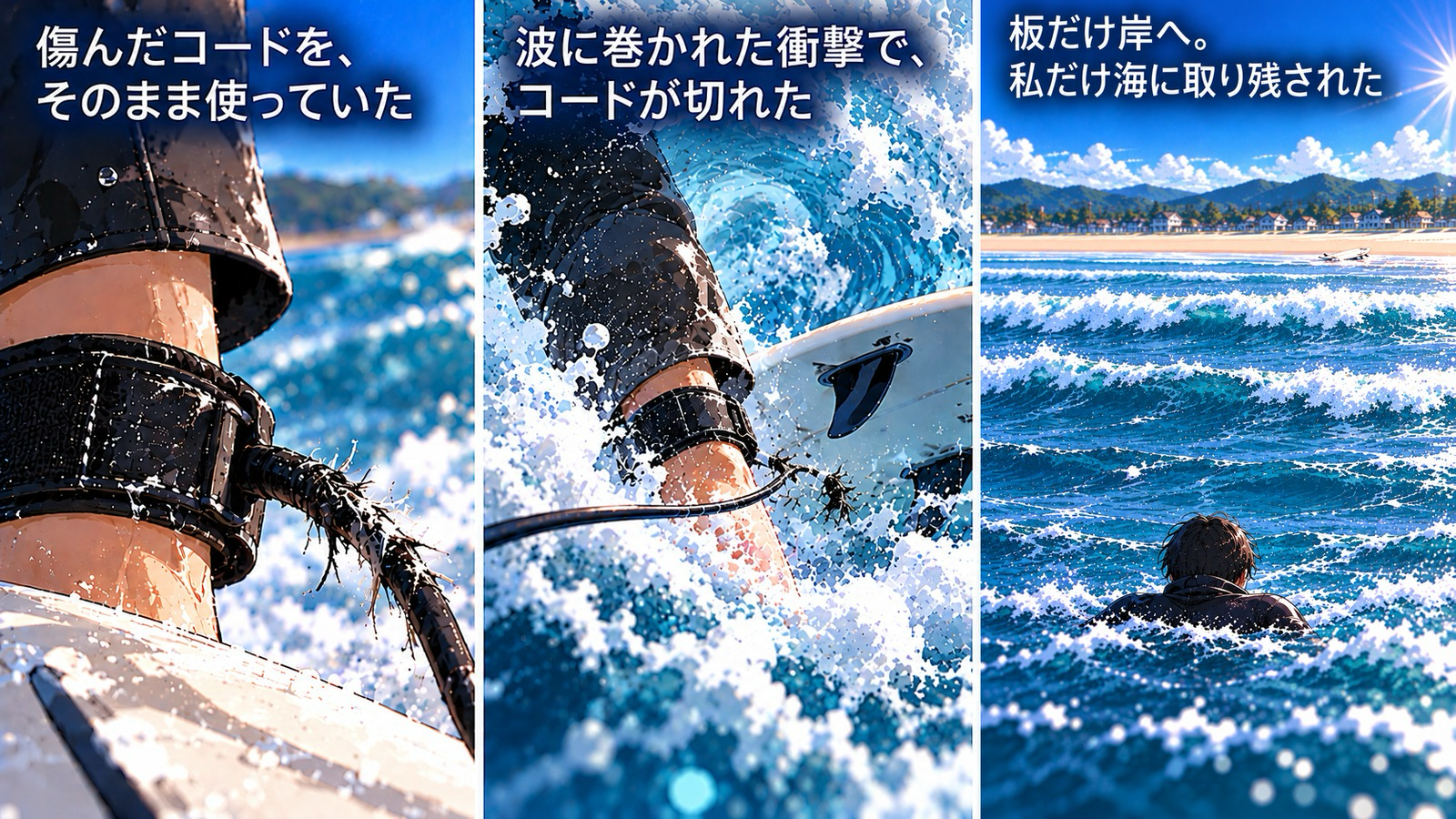 サーフィンでコードが切れた3コマ。左は、傷んでほつれたリーシュコード（「傷んだコードを、そのまま使っていた」）。中は、波に巻かれてコードが切れる瞬間（「波に巻かれた衝撃で、コードが切れた」）。右は、岸から約20メートル沖で泳ぐ人と、岸のそばに流れ着いた板（「板だけ岸へ。私だけ海に取り残された」）